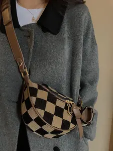 Women's Checked Pattern Fanny Pack, with Headphone Bag, Fashionable PU Leather Zipper Bum Bag for Daily Used, Casual Trendy Versatile High-quality Daily Commuting Bag