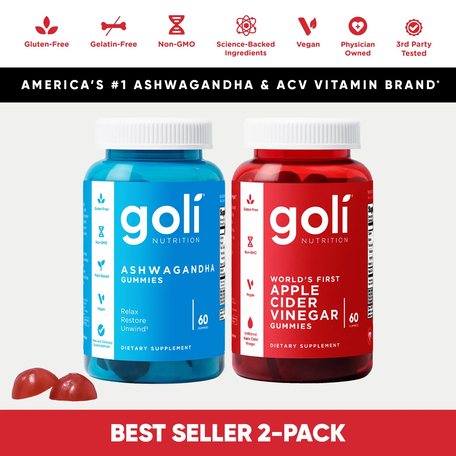 2 Bottles of Goli Top Sellers: 1 Bottle of Ashwagandha + 1 Bottle Apple Cider Vinegar Gummies Vitamins. Gelatin-Free, Gluten-Free, Vegan & Non-GMO 2 Bottles of Goli Top Sellers: 1 Bottle of Ashwagandha + 1 Bottle Apple Cider Vinegar Gummies Vitamins. Gelatin-Free, Gluten-Free, Vegan & Non-GMO