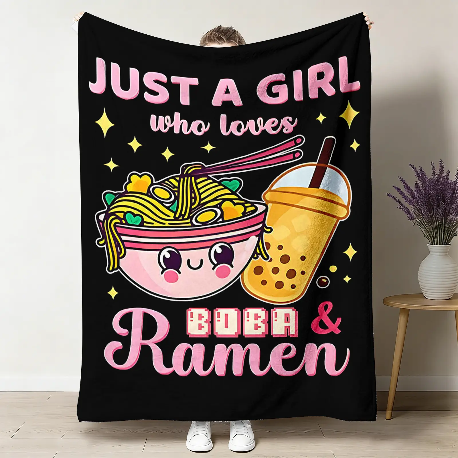 "Just a Girl Who Loves Boba & Ramen" Ultra-Soft Flannel Throw Blanket - Cute Cartoon Noodle & Bubble Tea Print, Cozy Warm, Wrinkle Resistant, PVC-Free, Multi-Size 30x40 to 60x80 in, Foodie Home Decor Gift for Girls, Family & Friends, Couch Use, Breathable