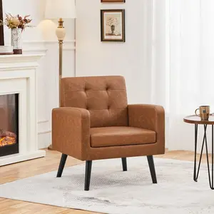 Yaheetech Mid-Century Accent Chairs, PU Leather Modern Upholstered Living Room Chair, Cozy Armchair Button Tufted Back and Wood Legs for Bedroom/Office/Cafe