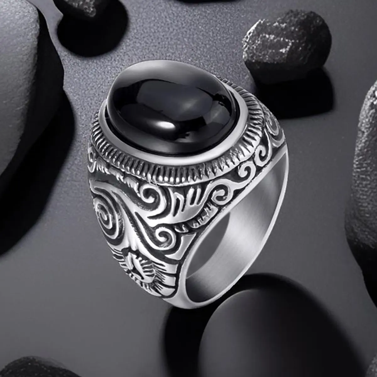 Retro Natural Oval Black Onyx Male Ring, Metallic Hypoallergenic Stainless Steel Biker Ring, Size Range 8-15, Everyday Wear Mens Jewelry