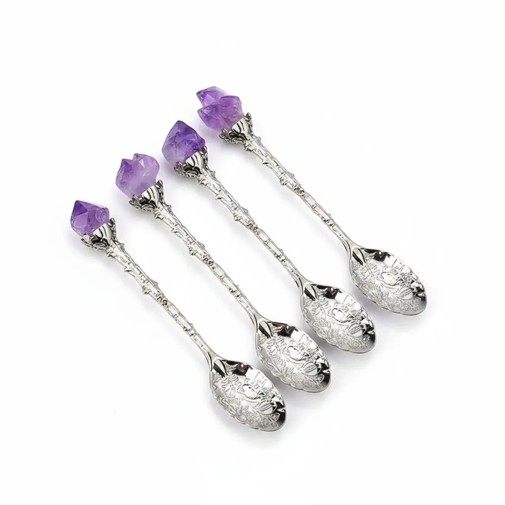 4pcs silver vintage carved coffee tea spoons with natural raw amethyst flower crystal top, hand polished bohe #SummerWins #DealsForYouDaysmian mini dessert ice cream stirring scoop, lucky home kitchen decorative metal tableware gift set