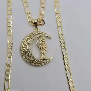 MOON WITH THE GRIM REAPER clear stone's figaro style gold-plated chain long size