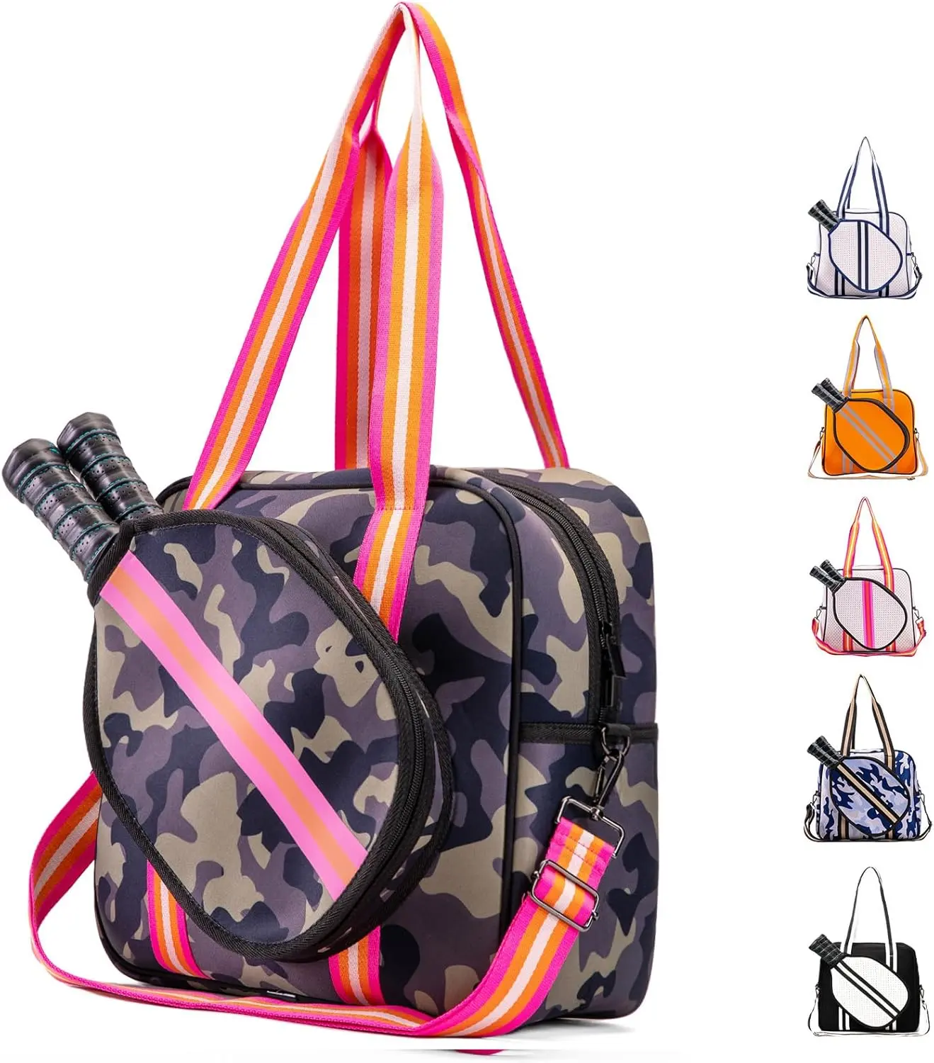 Pickleball Tote and Crossbody Bag for Women & Men, Neoprene Court Carryall with an Adjustable Strap, 3 Pockets, and Water Bottle Slot