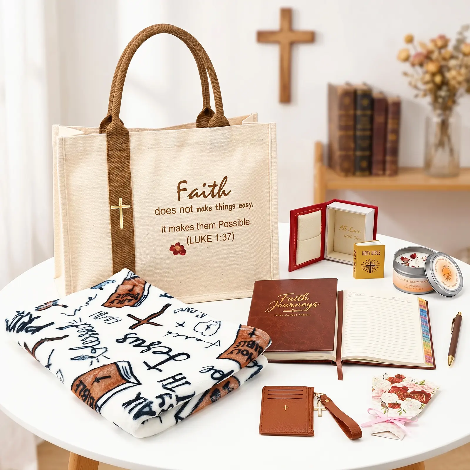 Women's 8-Piece Religious & Spiritual Gift Set – Includes Canvas Tote Bag, Tumbler/Throw Blanket, Notebook, Card Holder, Aromatherapy Items, Mini Bible, and Ballpoint Pen – Ideal for Birthdays or Religious/Spiritual Occasions (Perfect for Christian Moms)
