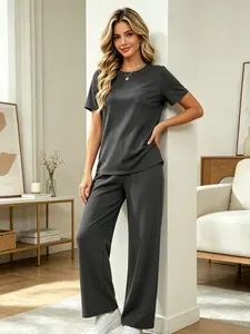 Women's Fashion Solid Color Casual Round Neck Pocket T-Shirt + Drawstring Wide Leg Pants Set Loose Fit Slimming Wide Leg Pants Two-Piece Set Suitable for Summer Commuting to Work Shopping Outings Indoor and Outdoor Wear
