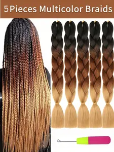 Ombre Brown 3pcs Jumbo Braiding Hair Extensions 24-Inch Synthetic Crochet for Ponytail, Daily Use, Party & Cosplay