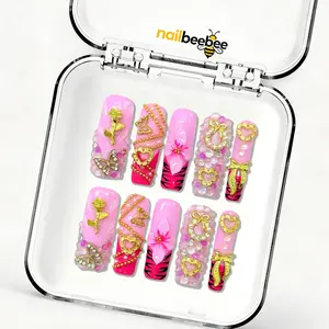 Pink Royalty Rose & Gold Press-On Nails, Handmade Mid-Square French Tip Fake Nails, Reusable Acrylic Nails with 3D Flower & Rhinestone