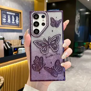 Gradient Glitter Card Paper with 3D Rhinestone Butterfly, Premium Soft Case for Samsung Galaxy S23-25 Series, Shockproof Design for Women