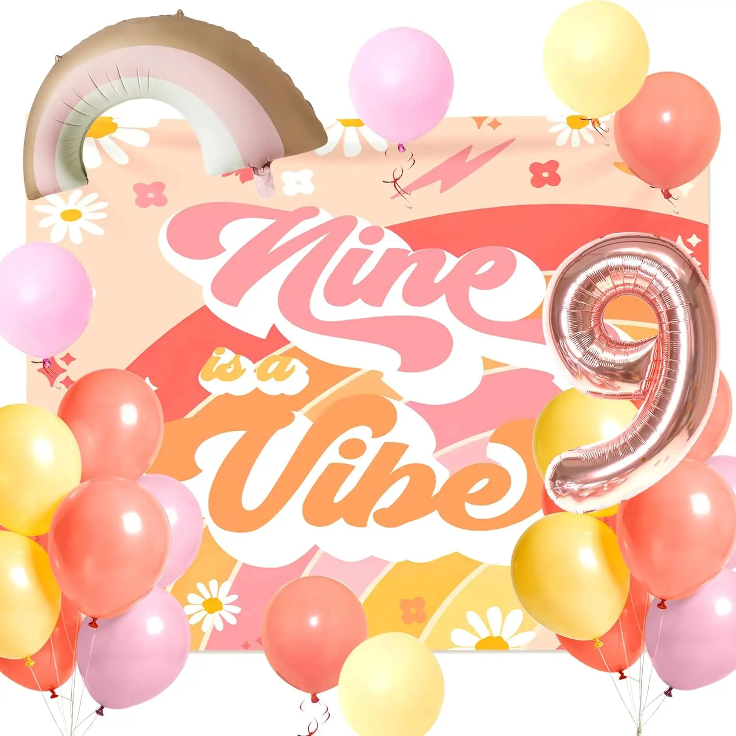 9 is a Vibe 9th Birthday Party Decorations Kit, Groovy Hippie Boho Retro 60s-70s Theme Supplies with Daisy Flower Banner, Backdrop & Ornaments