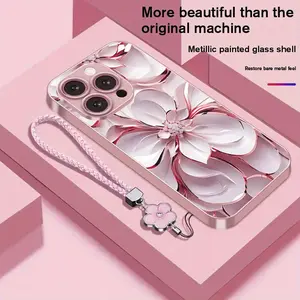 Plated Metal Paint Glass Phone Case with Lanyard, Suitable for iPhone 16/16Plus/16Pro/16ProMax/15/15Plus/15Pro/15ProMax/14/14Plus/14Pro/14ProMax/13/13Pro/13ProMax/13Mini/12/12Pro/12mini/11/11ProMax/x/xs/xr/xsmax/7/8, Cute Couple Style Simple Lightweight B