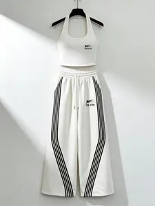 Sexy Halter Top Sleeveless & High Waist Wide Leg Pants Set, Outfit, Chic, Vintage Striped Design, Comfortable Breathable Fabric, Street Style, Casual Wear, Womenswear