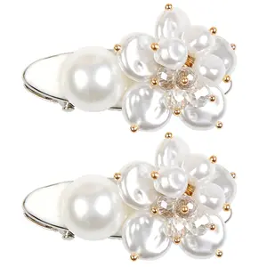 Artisan Vintage Pearl Flower Hair Clips Exquisite Luxurious Hair Accent for Side or Bang Styles with Golden Rivets and Translucent Crystal Beads | Elegant Pastel Bow french hair pin