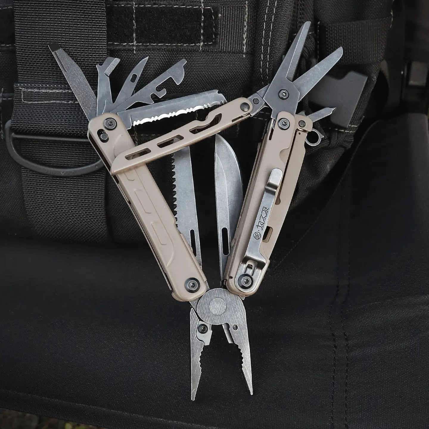 WESVE MT-12 Desert-Colored D2 Steel 20-in-1 Multifunctional Hand Tool - Folding Knife, Scissors, Saw, Screwdrivers, Serrated Blade, Bottle Opener, Can Opener, Awl, File, Wire Stripper, Multitool Blades - EDC for Outdoor Camping, Work Use, Nut Pliers, Need