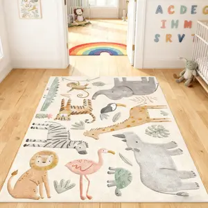 Cream Color Nursery Carpet, Nordic Style Animal Series Play Mat, Cute Cartoon Pattern Rug, Pet Friendly Non-Slip, Soft Plush, Fluffy Nursery Rug