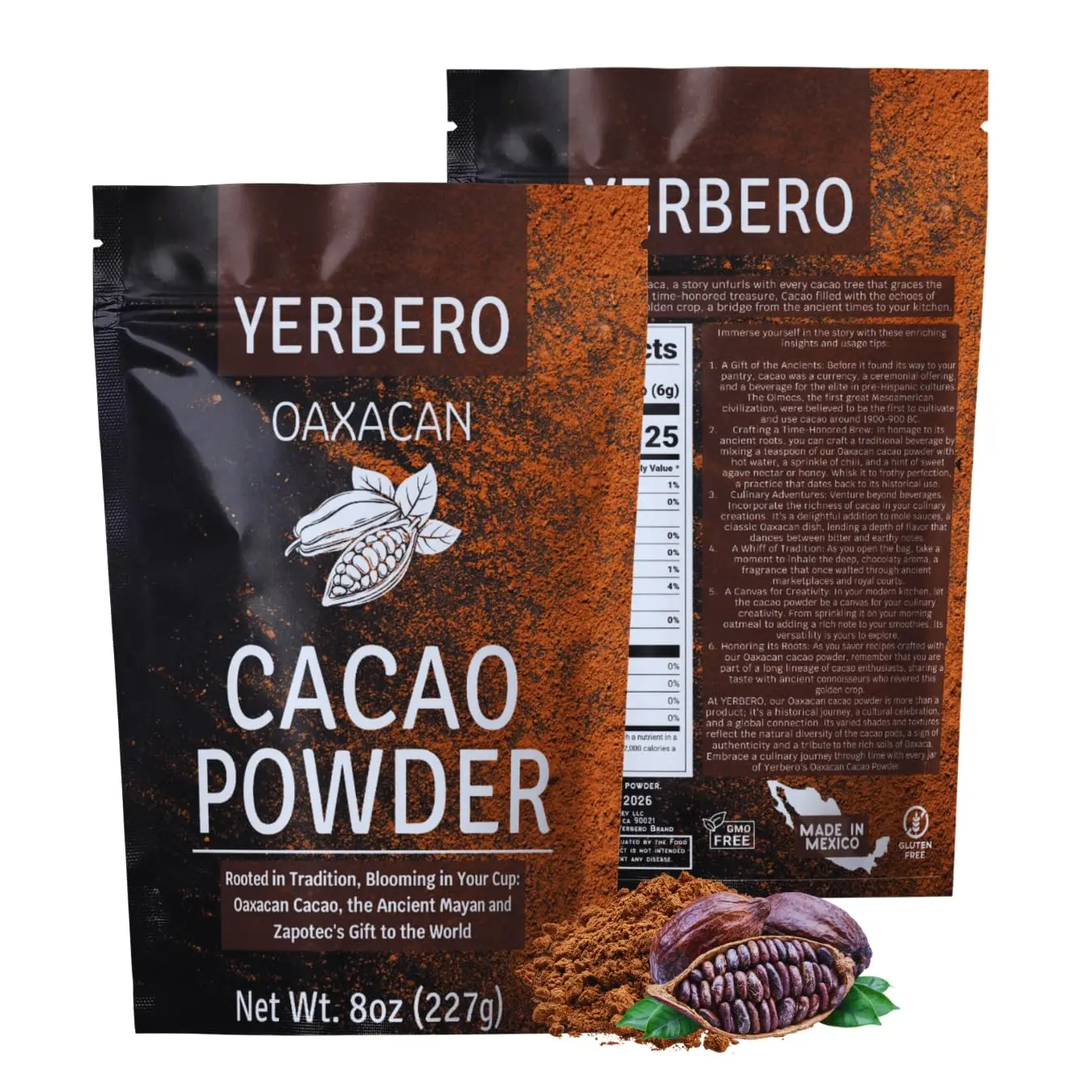 Yerbero Oaxacan Cacao Powder - 8oz Bag | Cacao En Polvo | Rich, Dark, Raw, Vegan, 100% Natural, No Fillers, No Additives | Imported From Oaxaca Mexico