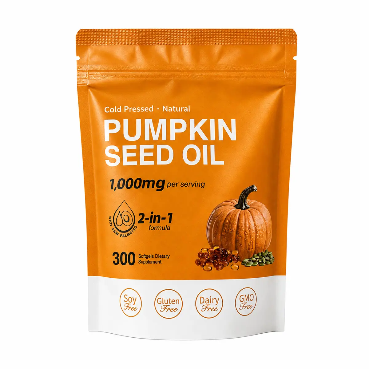 Pumpkin Seed Oil with Saw Palmetto Softgels - 1000mg Cold-Pressed Pure Virgin Oil, 300 Count, 100-Day Supply, Skin Care Health Nutrition Supplement