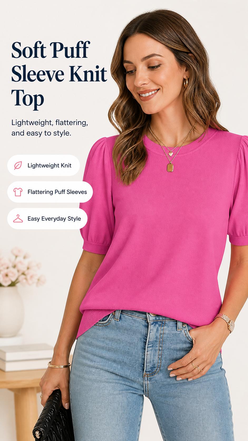 OFEEFAN Women's Puff Short Sleeve 2025 Spring Summer Sweater - Lightweight Knit Top - Business Casual Blouse, Soft & Breathable for Layering