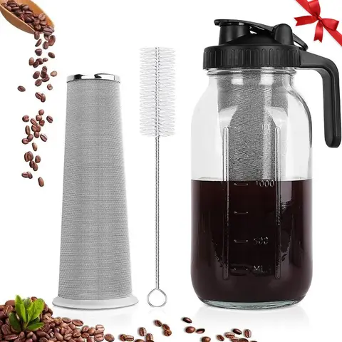 64oz Glass Mason Jar Cold Brew Coffee Maker Pitcher - BPA-Free Airtight Lid with Stainless Steel Filter,  Iced Tea, Lemonade, Fruit Beverages & Milk Storage Container, Easy Cleaning,Christmas gift