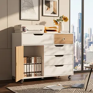 Aesthetic Modern Rolling File Cabinet | 5-Drawer Home Office Storage & Mobile Printer Stand | Hidden Handle Design