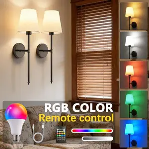 Set of 2 fabric-covered rechargeable wall lamps with rechargeable RGB bulbs; wireless installation; wall-mounted; ideal for living rooms, bedrooms, staircases, hallways, home offices, bathrooms, and interior decorative lighting