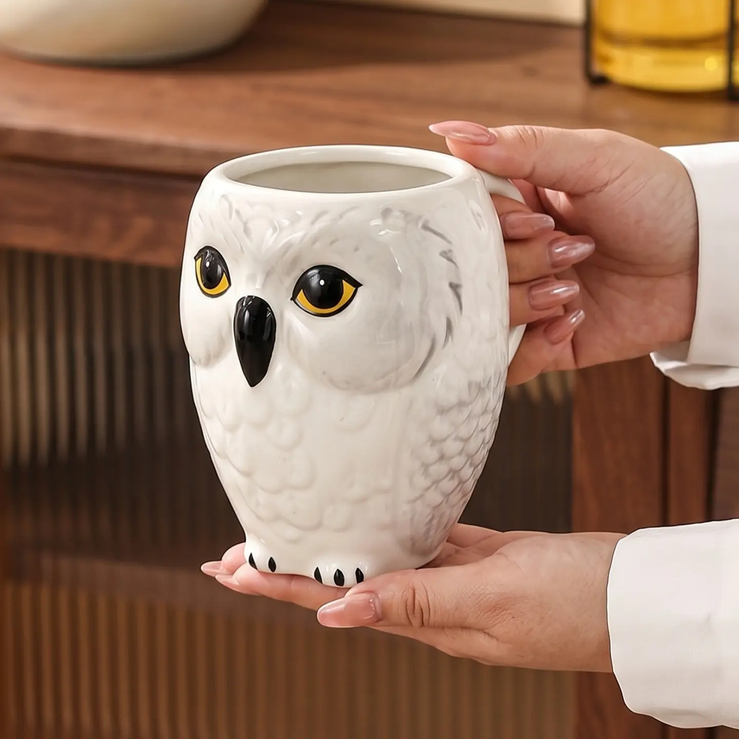 HongDian Owl Shaped Ceramic Mug - Cute Owl Mug, 400ml/14oz Cup or 1500ml/51oz Lidded Canister Option, Animal Relief Texture, Premium Ceramic, Underglaze Non-Fading, Oven-Microwave-Dishwasher-Sterilizer Safe, Washable, For Drink, Animals Themed Kitchenware