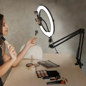 Adjustable Aluminum Alloy Phone Stand with Ring Light, Overhead Desk Arm Mount for iPhone, Multi-Purpose Desktop Holder for Live Streaming, Cooking, Painting, Nail Art, Cooking Accessory, Selfie Accessories