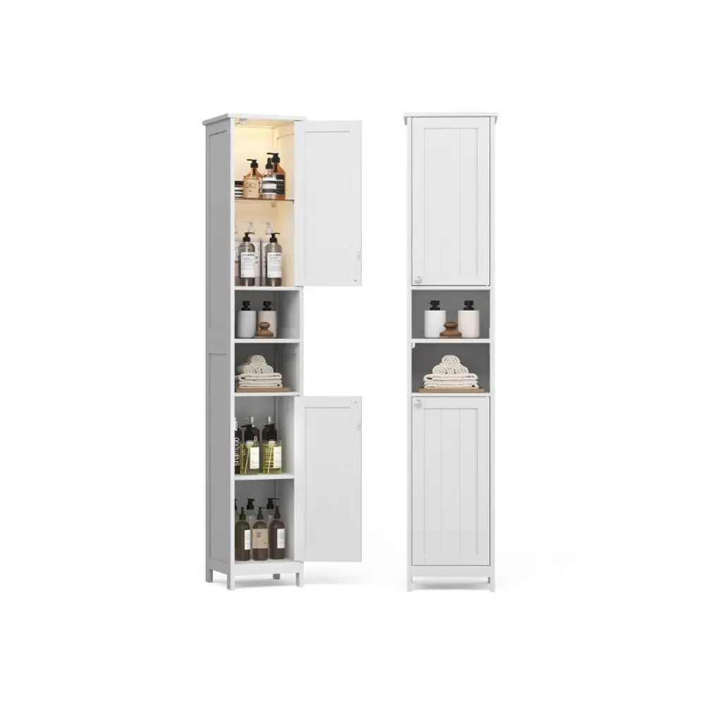 SONGMICS Tall LED Bathroom Storage Cabinet, Slim Freestanding MDF Wood Compact Bathroom Furniture with Adjustable Organizer Shelves, Assembly Kit for Small Spaces, Modern Style, Storage Cabinets, Assembly Kit Bathroom Furniture