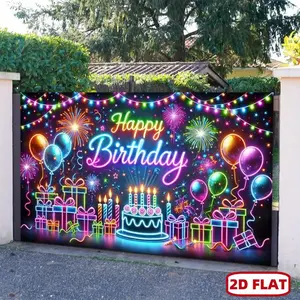 1PC,2D Flat Backdrop Neon Happy Birthday Backdrop, Colorful Fireworks Balloons Gift Box Cake Pattern Decorative Background Cloth, Perfect for Birthday Party Decor, Creates a Lively Festive Atmosphere