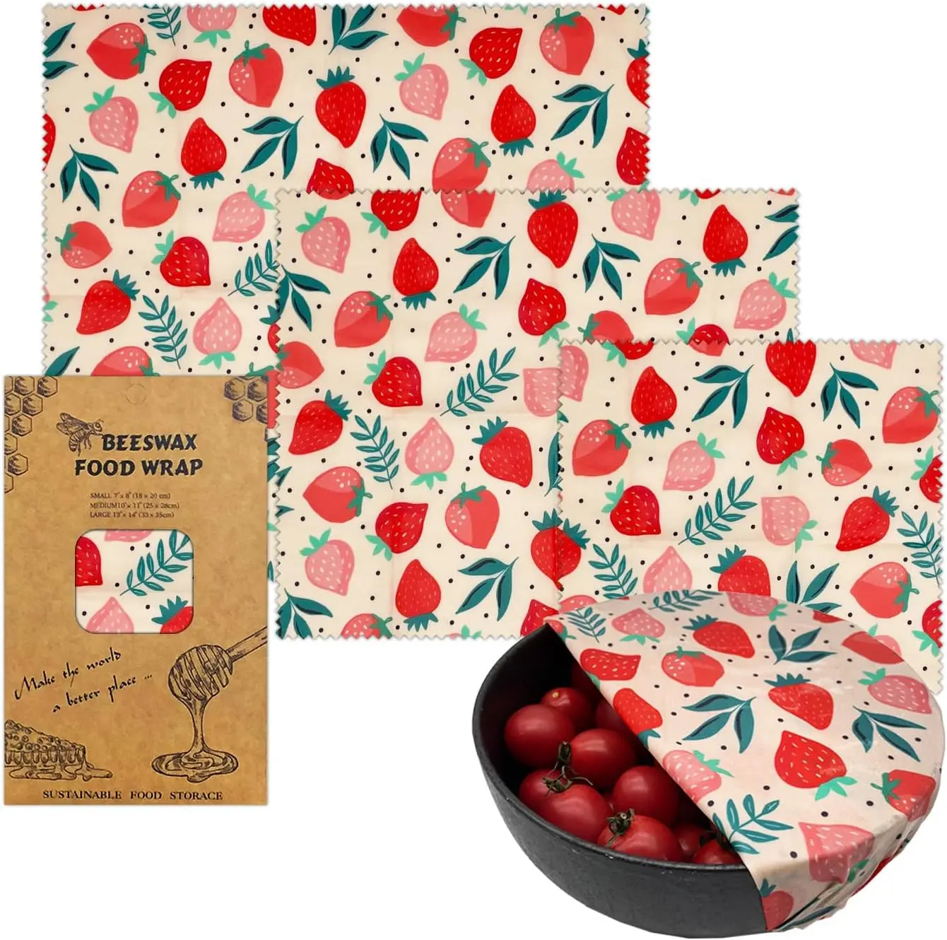 Reusable Food Grade Beeswax-Cotton Bowl Covers Set - 3-Piece Collapsible Food Storage Lids, Dustproof Covers for Bread Freshness, Small/Med/Large Alternatives to Cling Wrap for Containers, Three Pieces