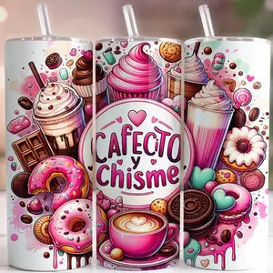 Cafecito y Chisme Timbres - Vibrant Donut & Coffee Design Tumbler with Straw for Coffee Lovers