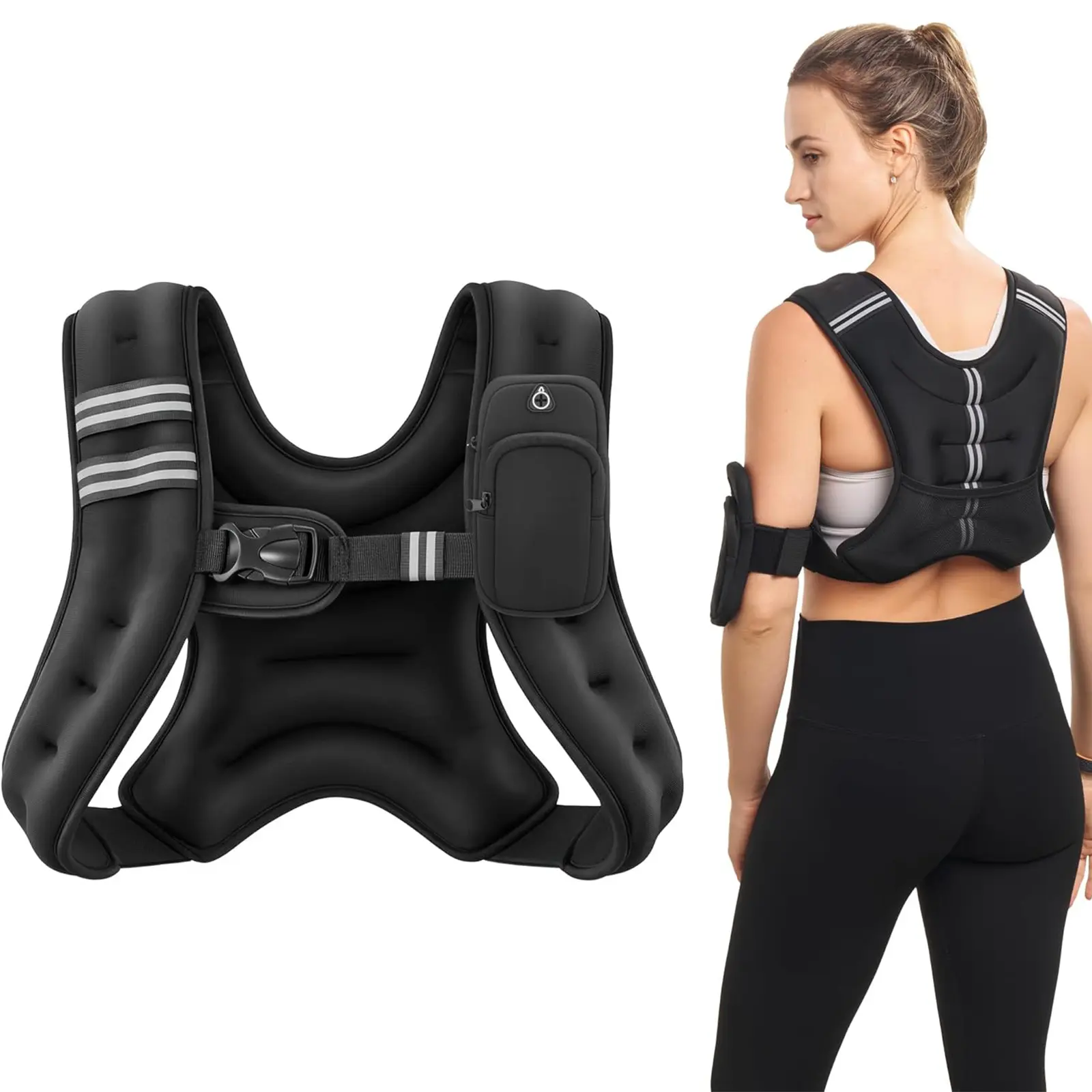 H-Shape Design Adjustable Iron Weight Vest (12/16 lbs) with Reflective Straps, Storage Pocket, Enhance Visibility Fitness Training Gear for Running, Home Workout Gift for Men Women