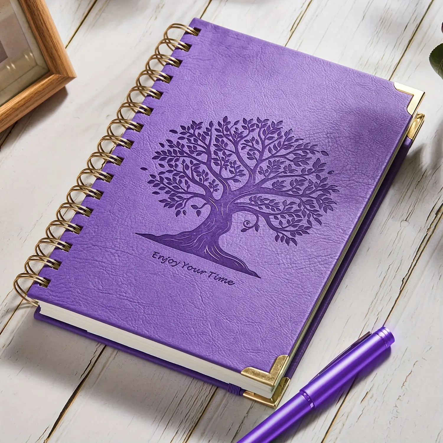 Faux Leather A5 Spiral Lined Journal - 300 Pages, 100GSM Thick Paper, No Bleed, Tree Design, Golden Spiral Binding, 5.7"x8.4", Office Stationery Supplies, 5.7" X 8.4"