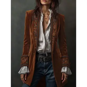 Women'S Elegant Long-Sleeve Solid Burgundy Lace Velvet Coat with Ruffled Collar & Hem - All-Season Mid-Length Jacket, Versatile Casual to Formal Outerwear, Soft Durable Patchwork Design for Everyday &