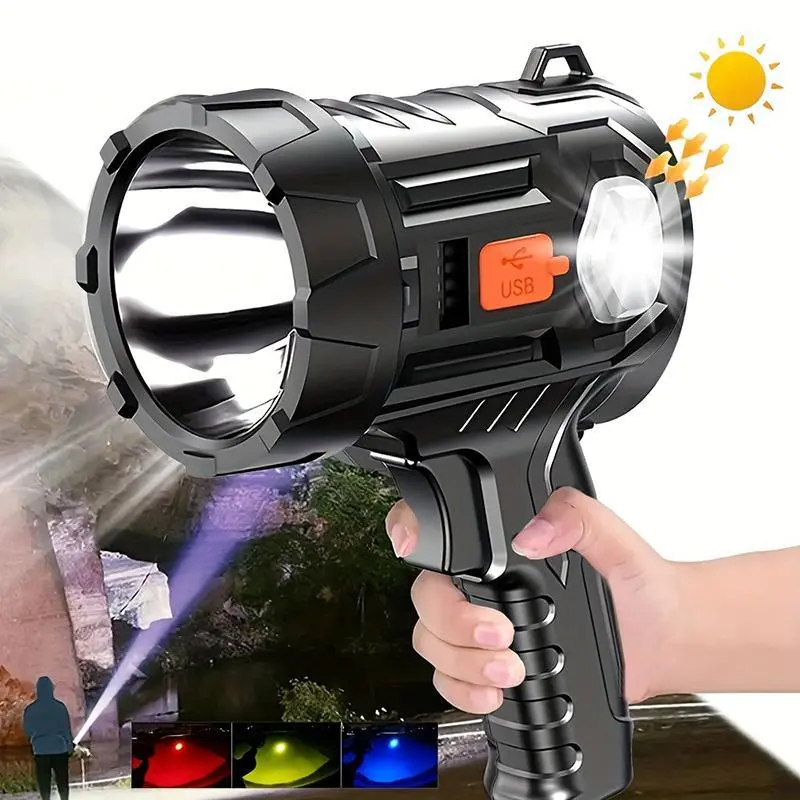 USB Rechargeable Spotlight Flashlight with Solar Panels, 1 Count Outdoor Handheld Spot Light with 3 Colors Lenses, Camping Lighting for Boating Hunting and Camping