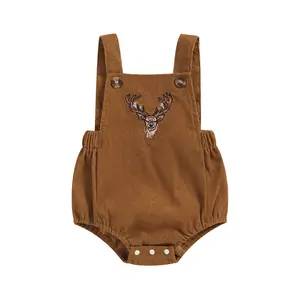 Toddler Baby Boys Girls Corduroy Deer Romper Sleeveless Embroidered Antler Hunting Overalls Clothes