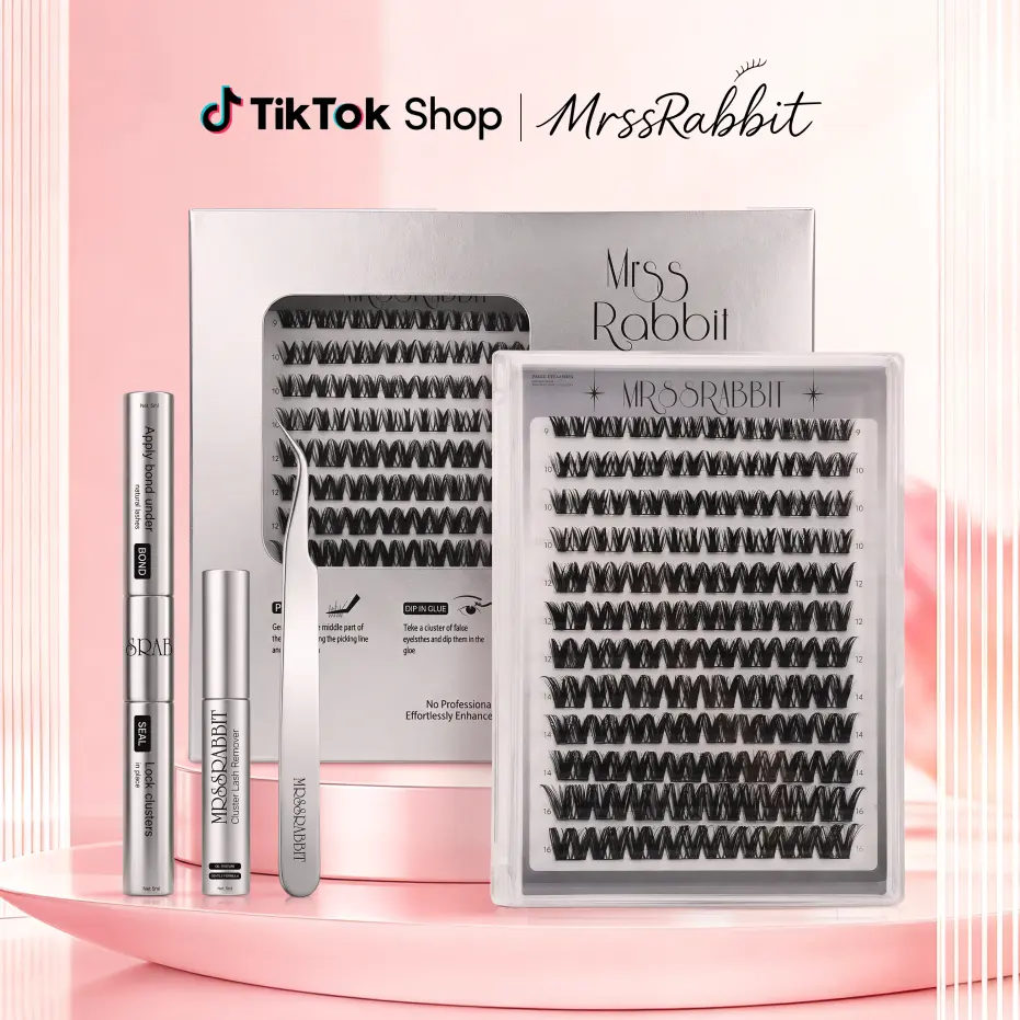 Midnight Bunny eyelash and full lash set, mixed lengths 9–16 mm, no salon application skills needed; fluffy D curl dynamic individual cluster false lashes. Effortlessly create a makeup look at home—the kit includes adhesive fixing glue, lash remover, and