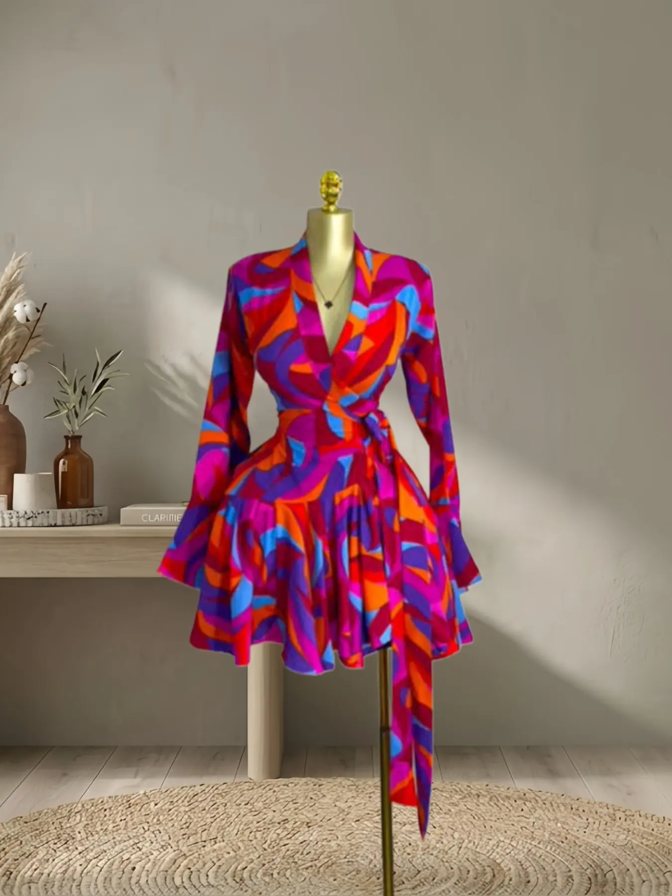 QFAF Women's Tie-Dye Print Flare Long Sleeve Wrap V-Neck Flowy Dress with Ruffle Hem, Bohemian Romantic Dress, Unique Dress, Elegant Formal Vacation Party Birthday Gown, 2026 Fashion