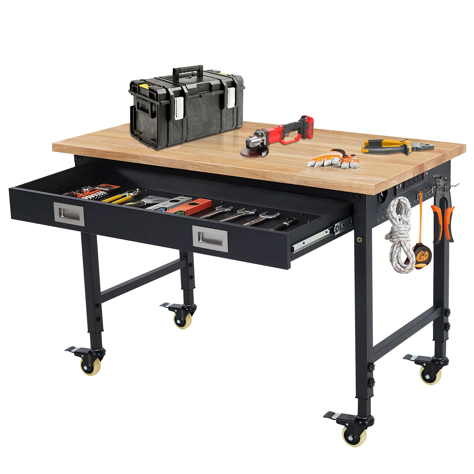 Garvee Heavy Duty Adjustable Height Workbench 48" – 2000 lbs Capacity – Rubberwood Top, Drawer, Pegboard with 30 Hooks – Lockable Wheels, Power Outlets – Storage Table for Garage, Workshop, Woodworking