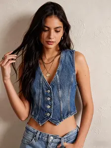 Women's Y2K Denim Vest Top, Fitted Sleeveless Button Down Waistcoat, Western Casual Summer Outfits，Mother's Day Gift
