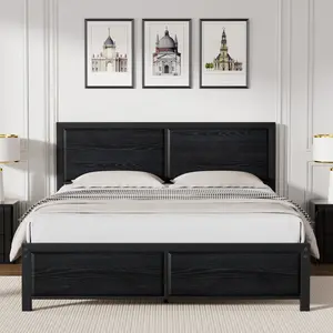 VECELO Wooden Bed Frame Twin Full Queen Size Platform Bed with Vintage Brown Black Wood Headboard Footboard Metal Slat Support Beds ,No Box Spring Needed Brown,Black,White