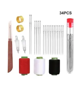 34PCS Large Eye Steel Needles Set Stainless Steel Needles for Hand Sewing Kit with Thread Ripper Needle Threaders Threads and Thimbles Portable DIY Handcraft Set