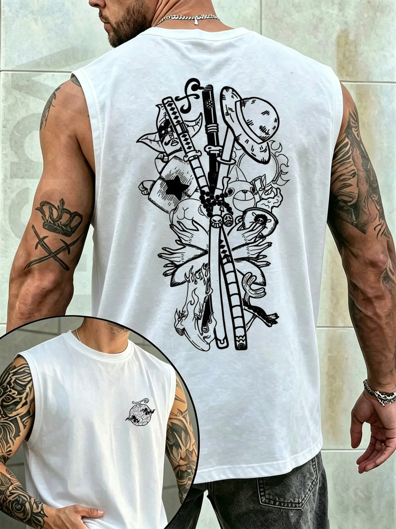 Men's Anime One Piece Sleeveless Vest, Loose-Fit Baggy Oversized Round Neck T-Shirt, Casual Streetwear, All-Seasons, Trendy Fitness Top, Fitness Tank Tops