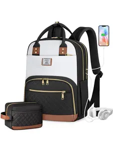 Fashion Colorblock Backpack & Accessory Pouch, Everyday Bags, Lightweight Large Capacity School Bag Set for Women & Girls, Waterproof Travel Laptop Backpack