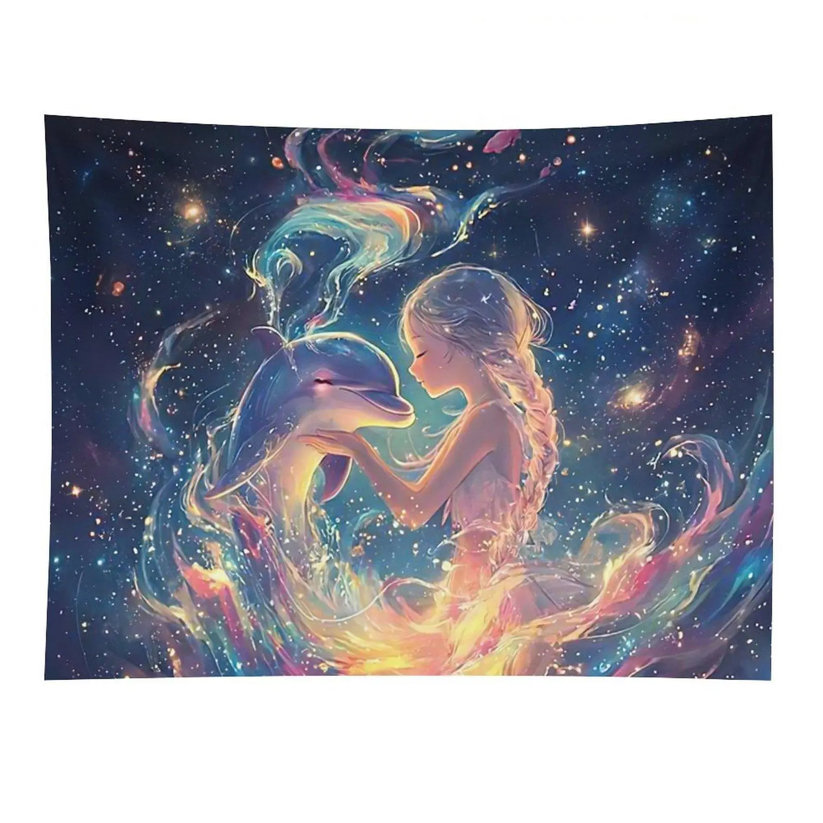 Anime Girl Dolphin Galaxy Tapestry Dreamy Cosmic Ocean Wall Hanging Decor