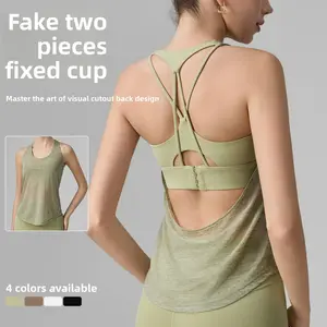 Fake two-piece yoga clothes women's hollow back fixed cup sports underwear high-end Pilates blouse yoga top athleisure