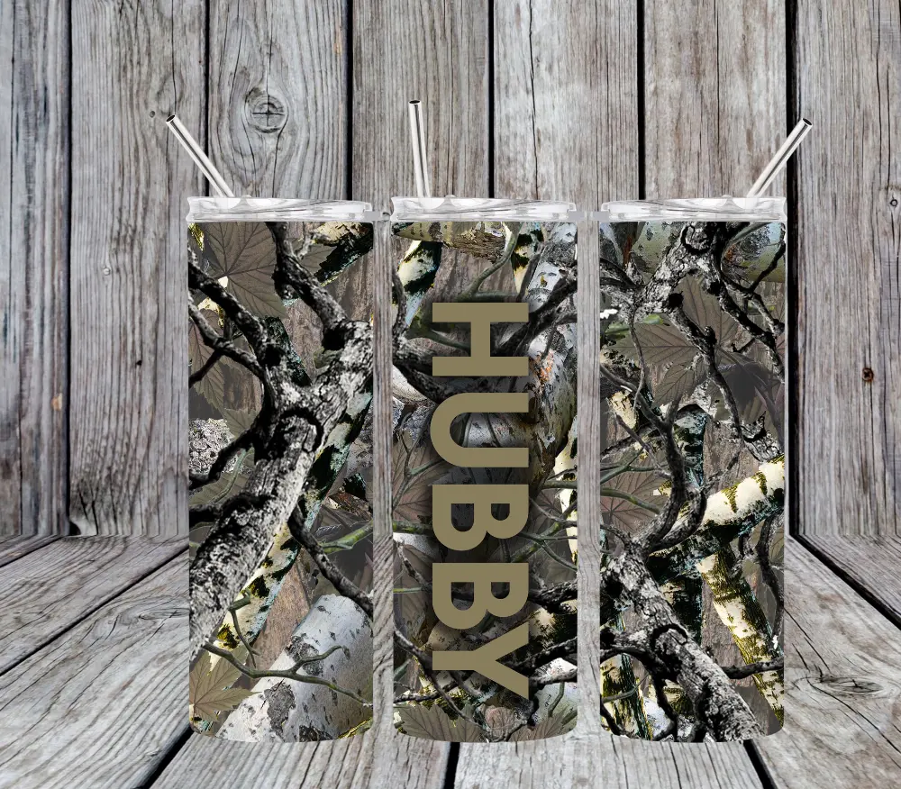 20 oz Hubby and Wifey Camo Stainless-Steel Tumbler; Includes Plastic lid and Straw Drinkware Flasks