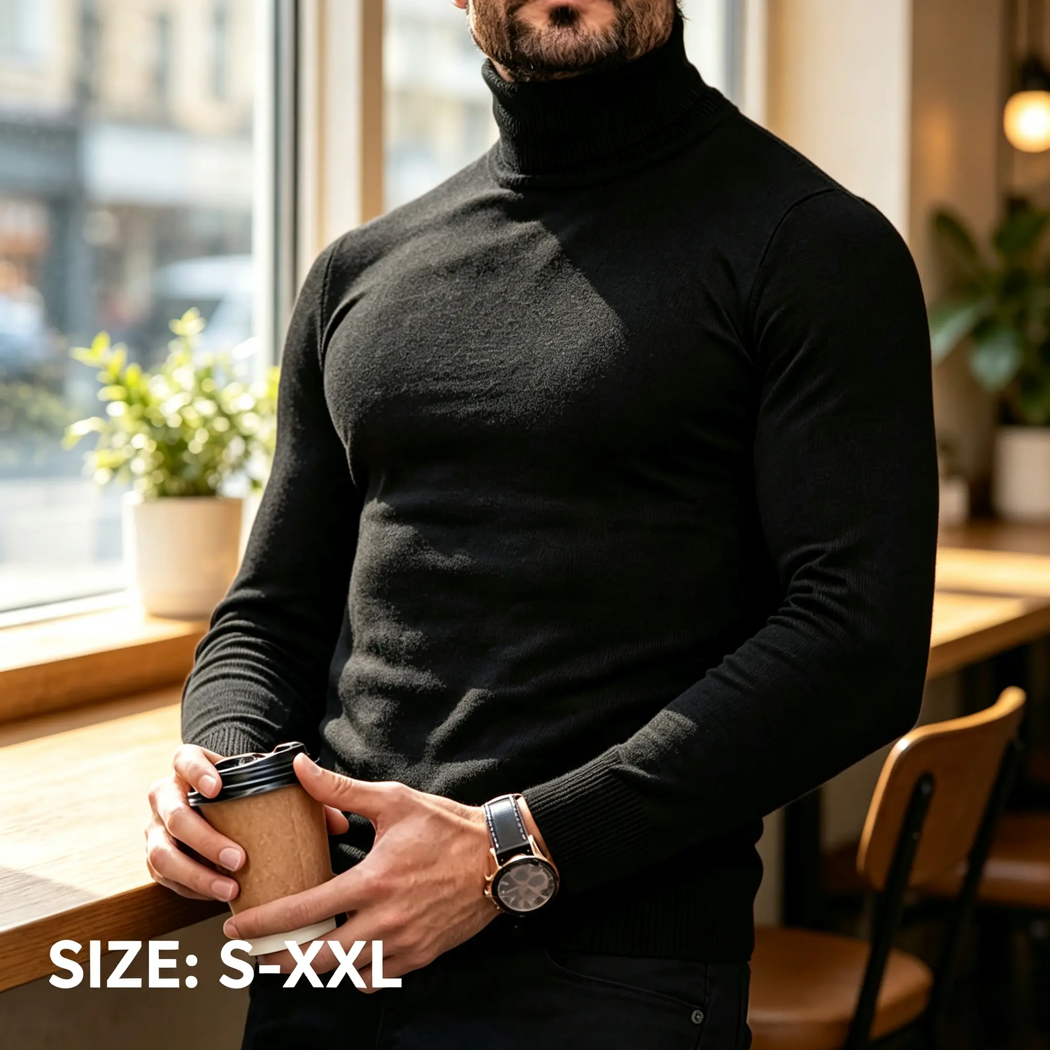 Men’s Solid Turtleneck Knitted Sweater, Long Sleeve Regular Fit Layering Pullover for Daily Casual & Business Office, Sizes S-XXL