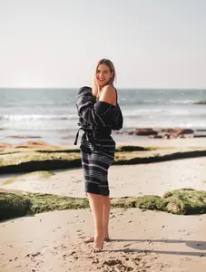 Del Mar Navy Turkish Towel Terry Bathrobe – 100% Turkish Cotton Hooded Unisex Spa Robe (S/M, L/XL)