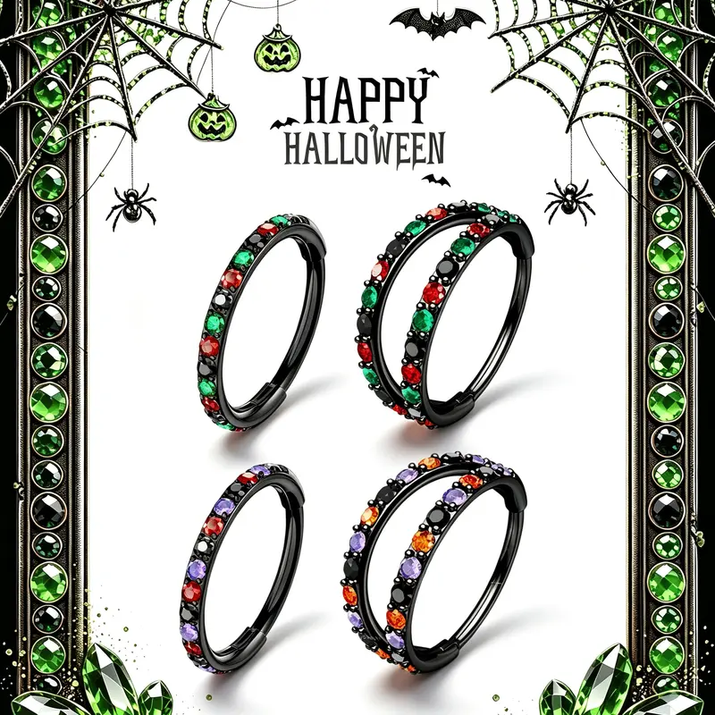OUFER 20G Halloween/Gothic Christmas Nostril Piercing 316L Stainless Steel Hinged Segment ClickerNose Hoop Ring - Unisex Halloween Spooky Aesthetic Rhinestone Cubic Zirconia Cartilage Nose Body Jewelry, Unique Jewelry